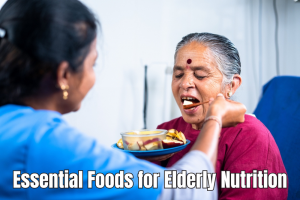 A caretaker feeding an elderly food with a spoon