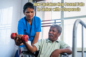 A caretaker helping an elderly with oestoporosis